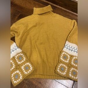 Cozy Mustard Sweater with Patterned Crocheted Sleeves